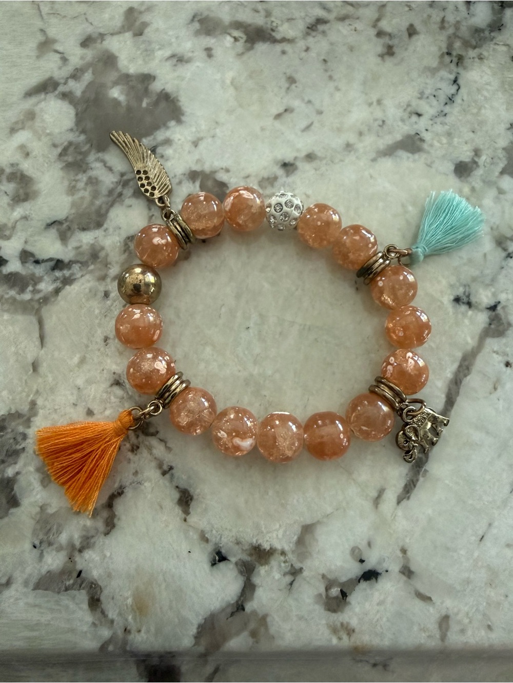 Handcrafted Charm Speckled Glass Beaded Bracelet Tassels elephant leaf stretch